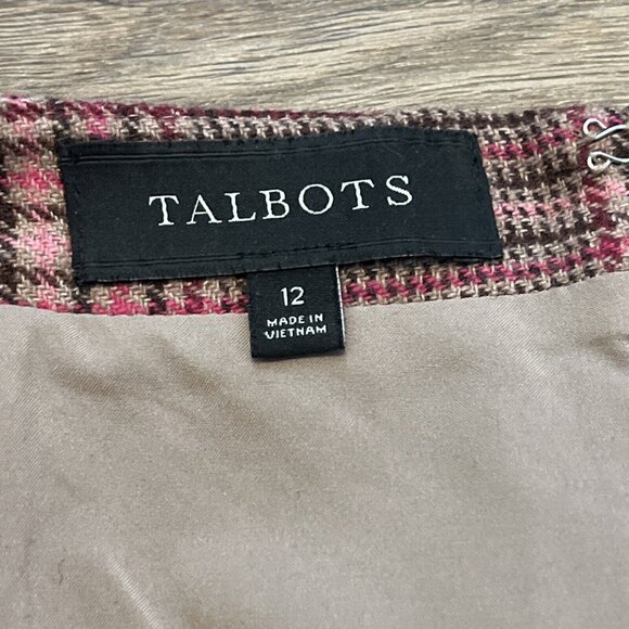 Talbots Pencil Skirt SZ 12 Wool Blend Tartan Plaid Brown Pink Lined Back Zip - Picture 5 of 7
